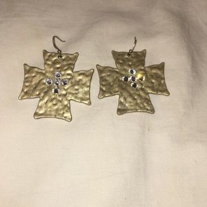 cream colored cross earrings with bling